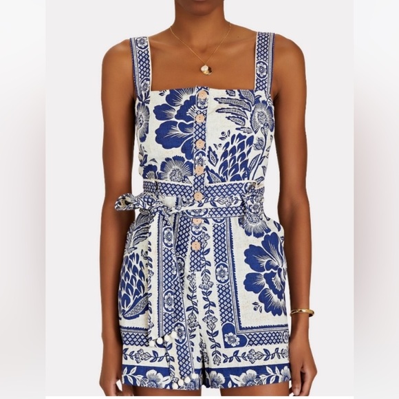 FARM Rio Pants - FARM RIO Pineapple Garden Floral Blue Belted Romper Linen Blend Size Medium